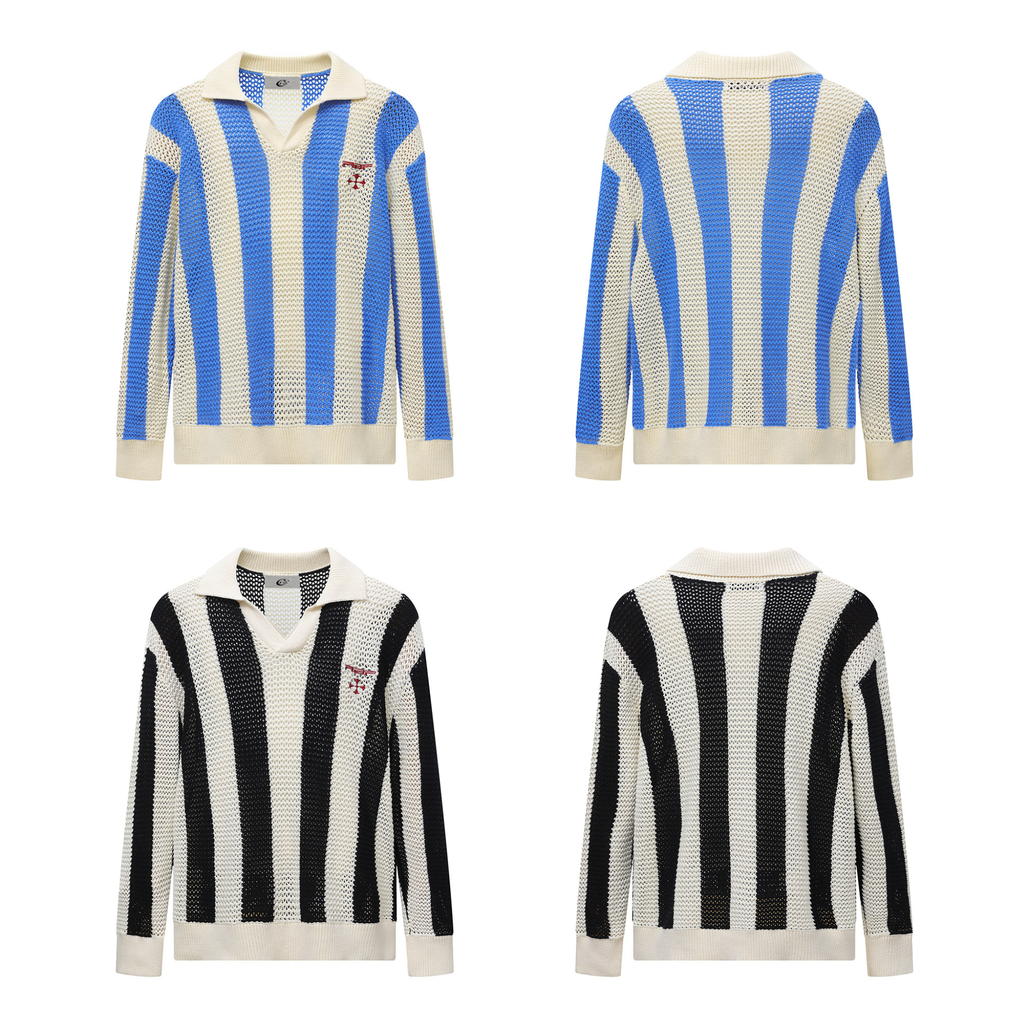 Retro Mesh Knit Polo Sweater | Vintage Stripe Open-Weave