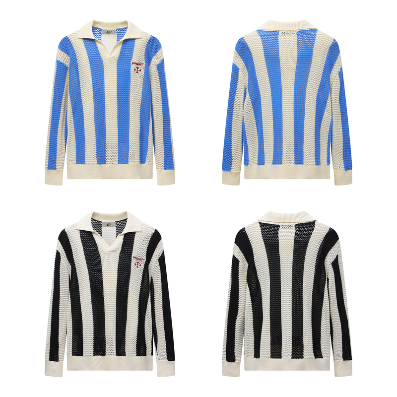 Front and back views of blue and cream striped mesh knit polo sweater