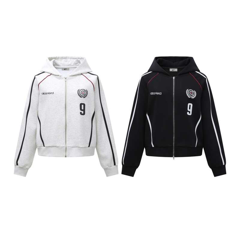 White and black zip-up hoodie shown front view with retro track stripes and graphic chest print