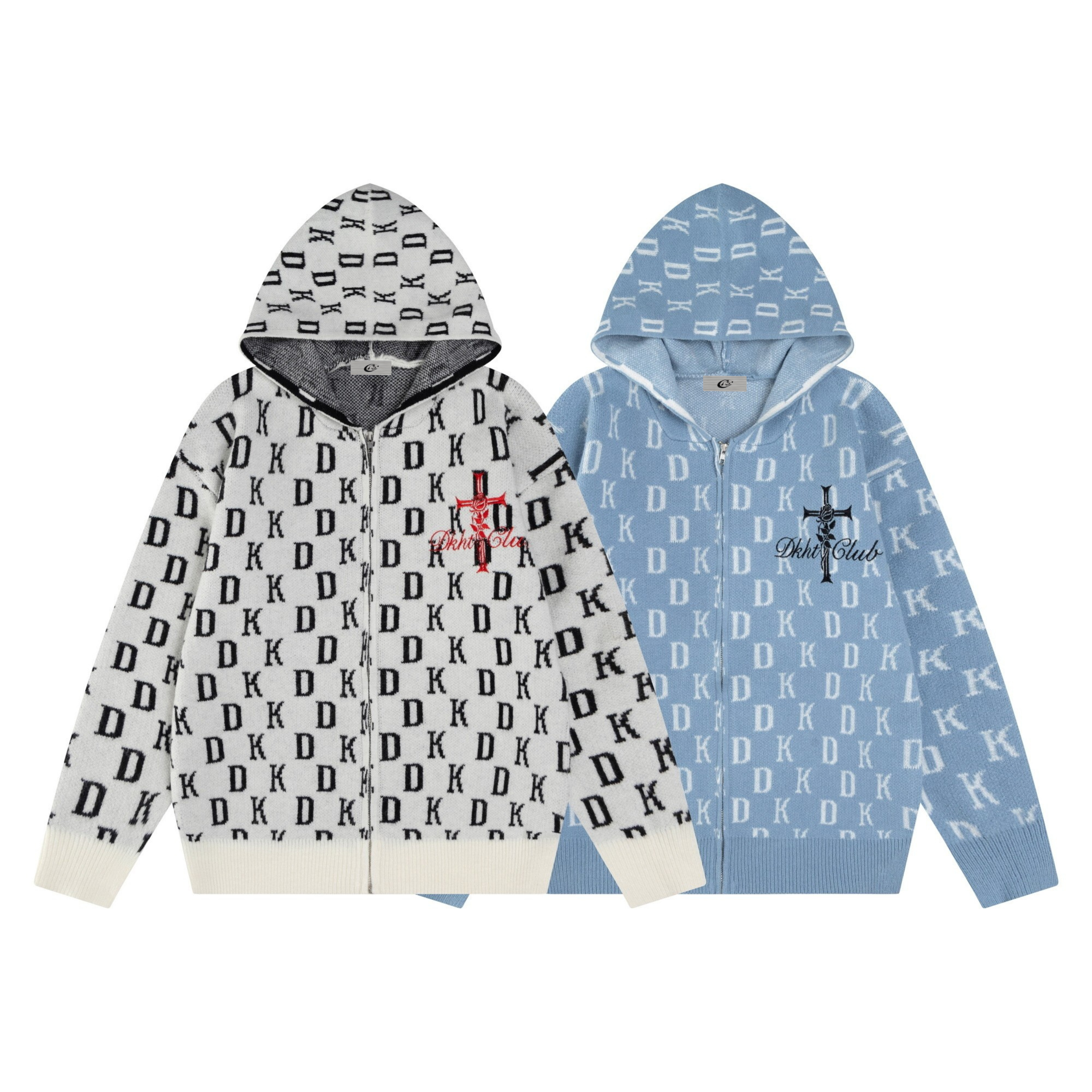White and blue DK allover jacquard knit zip hoodies with gothic cross chest embroidery and ribbed cuffs