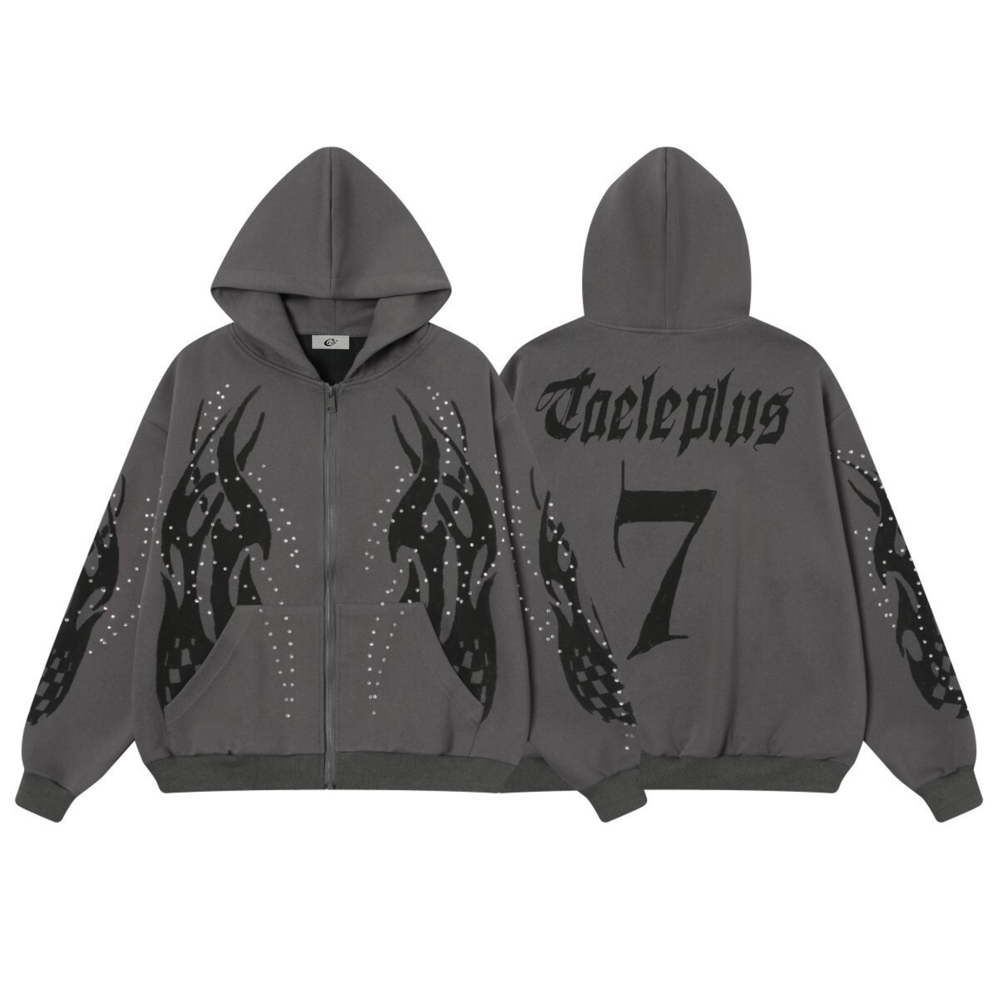 Flame Print Rhinestone Zip-Up Hoodie | Streetwear Oversized