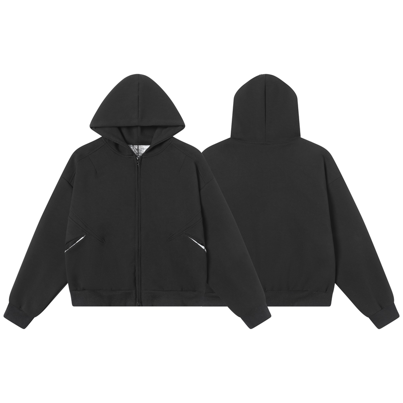 Black hoodie front and back views showing structured panel seams