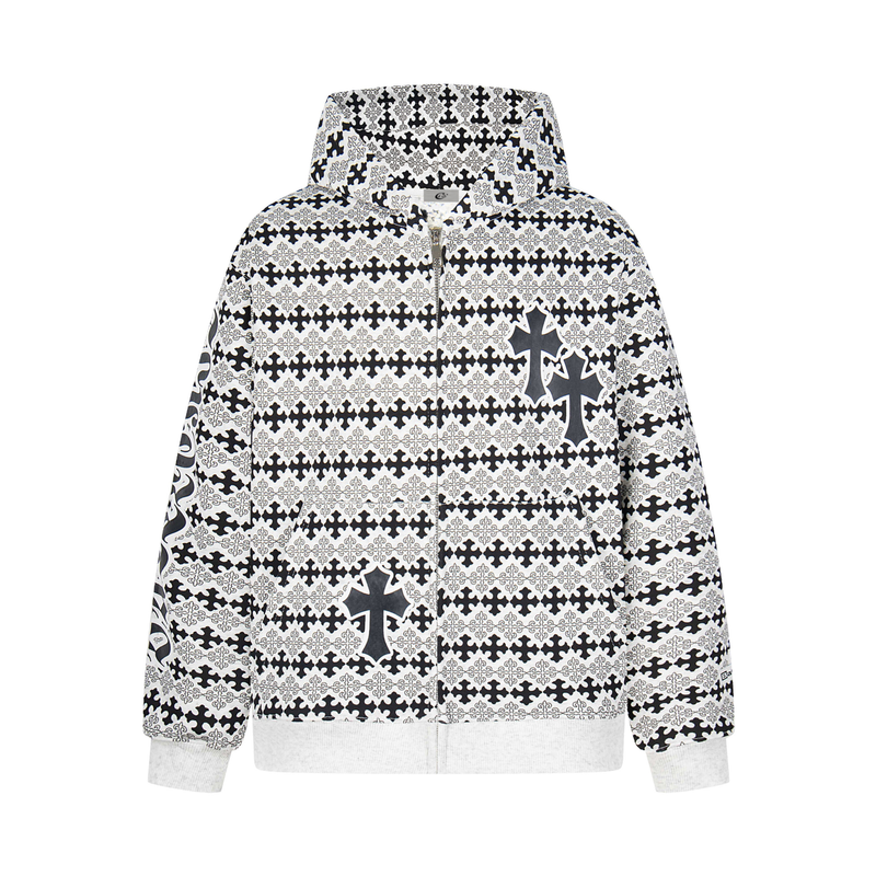 Black and white full-zip hoodie with gothic cross pattern, front view