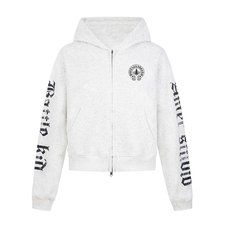 Front view of white zip-up hoodie with black crest graphic and gothic sleeve lettering