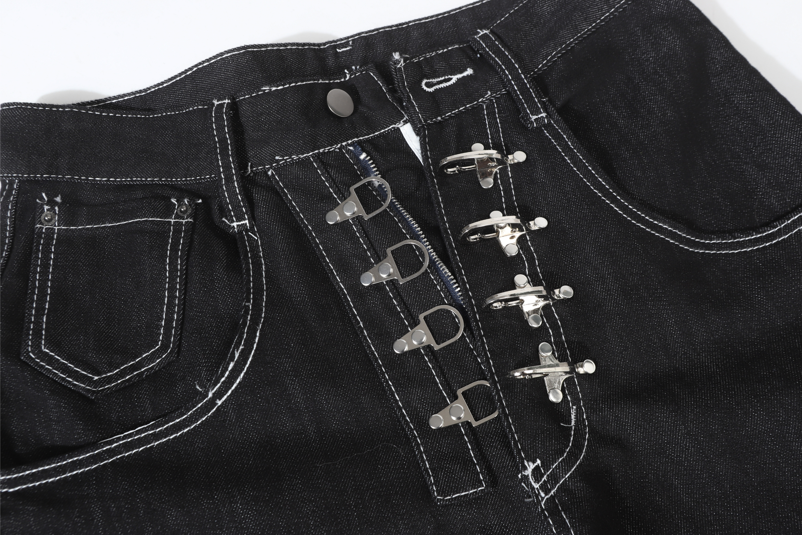 Wide-Leg Black Denim Pants with Metal Buckle Closure