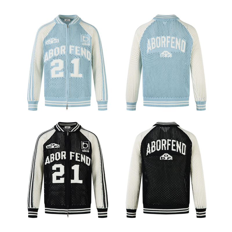 Four views of mesh varsity knit jacket in light blue and black colorways