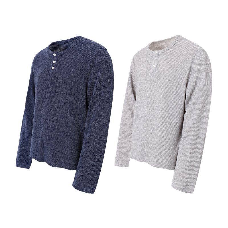 Ribbed long-sleeve henley tee in navy and heather gray front view