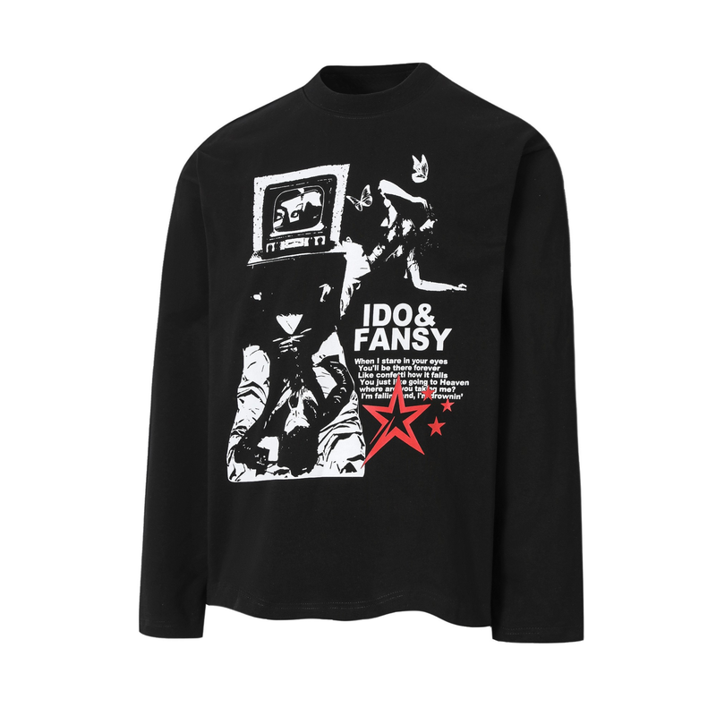 Black long-sleeve tee front with collage graphic and bold white text