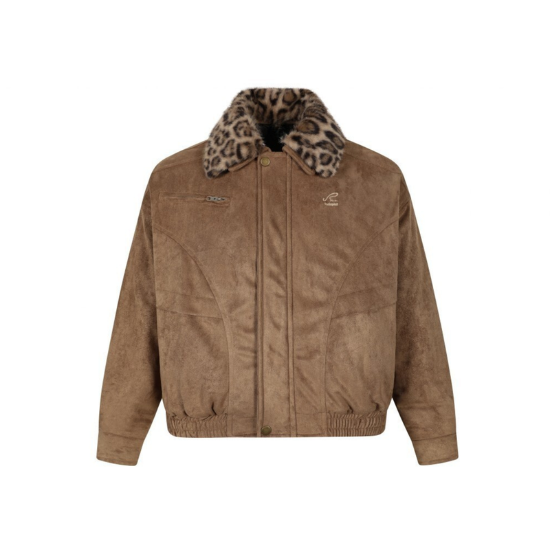 Leopard Faux Fur Collar Suede Bomber Jacket | Omirad
