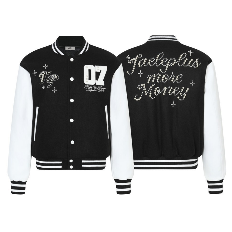 Pearl-Studded Varsity Jacket | Taeleplus More Money Design