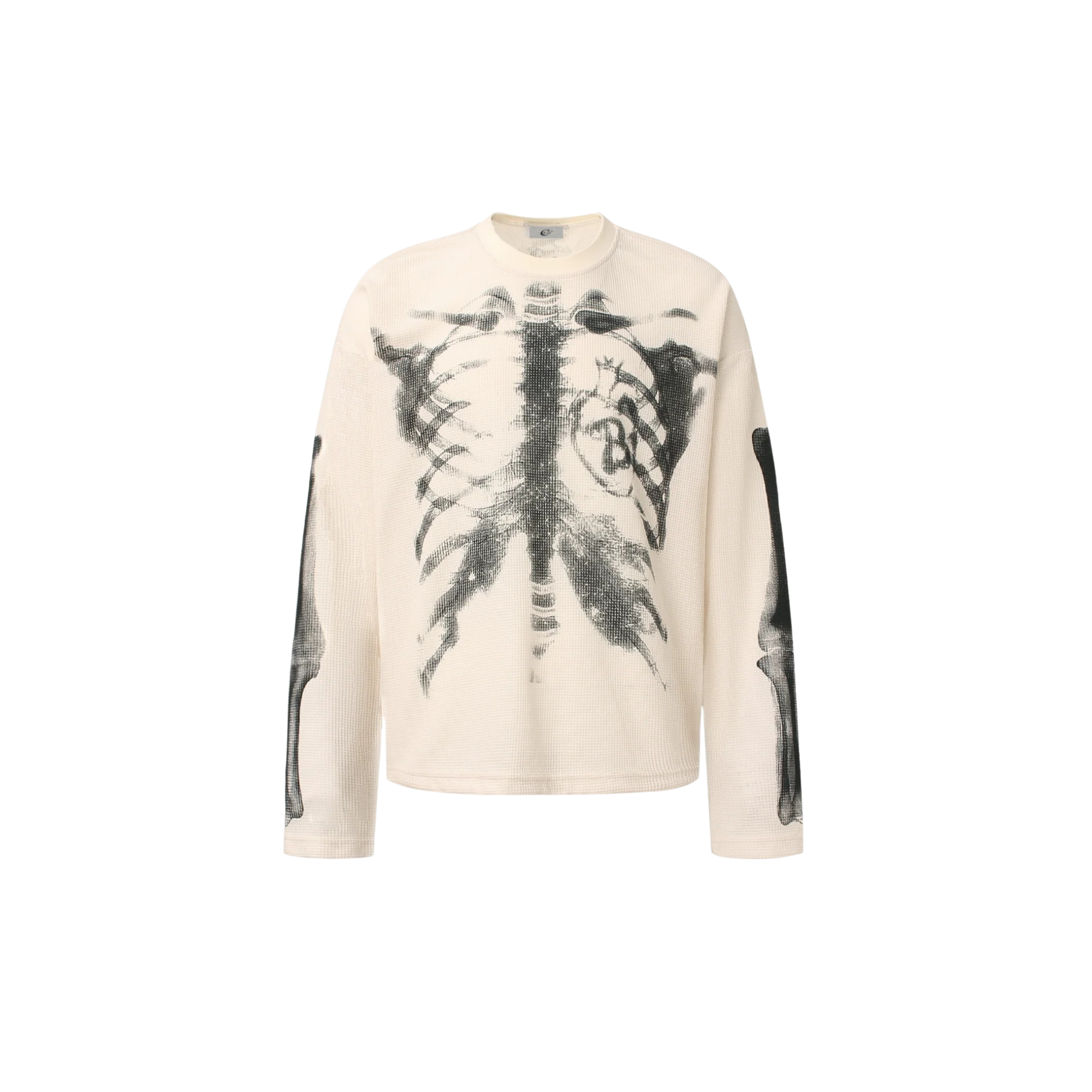 Cream waffle-knit long sleeve tee with black X-ray ribcage and arm bone graphic print, front view