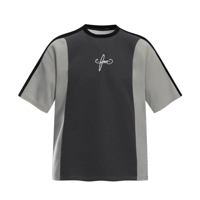Black and gray color block cotton tee with short sleeves and a small script logo on the chest