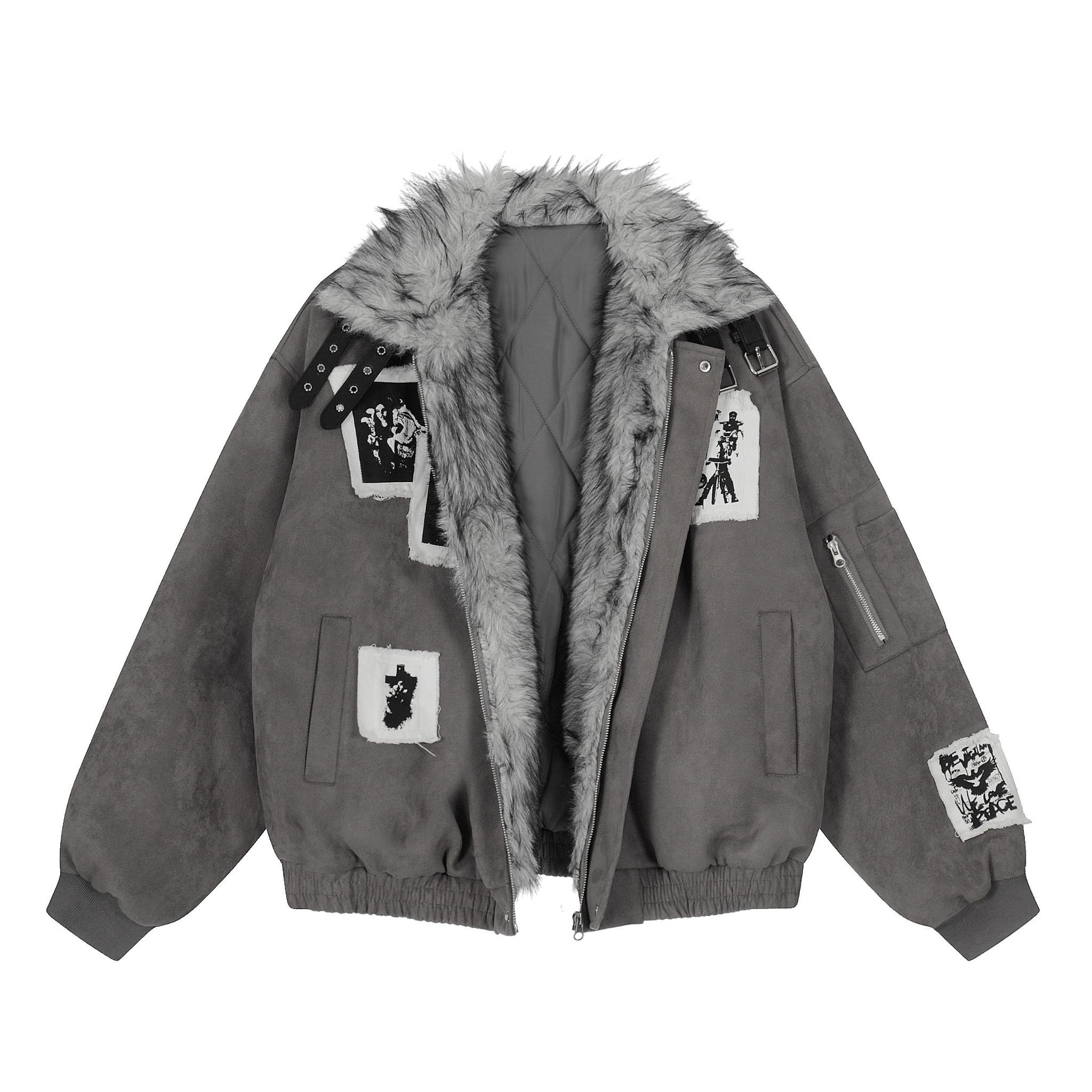 Grey faux-suede oversized bomber jacket with faux-fur collar, black-and-white patchwork graphics, and buckle strap detail, sh