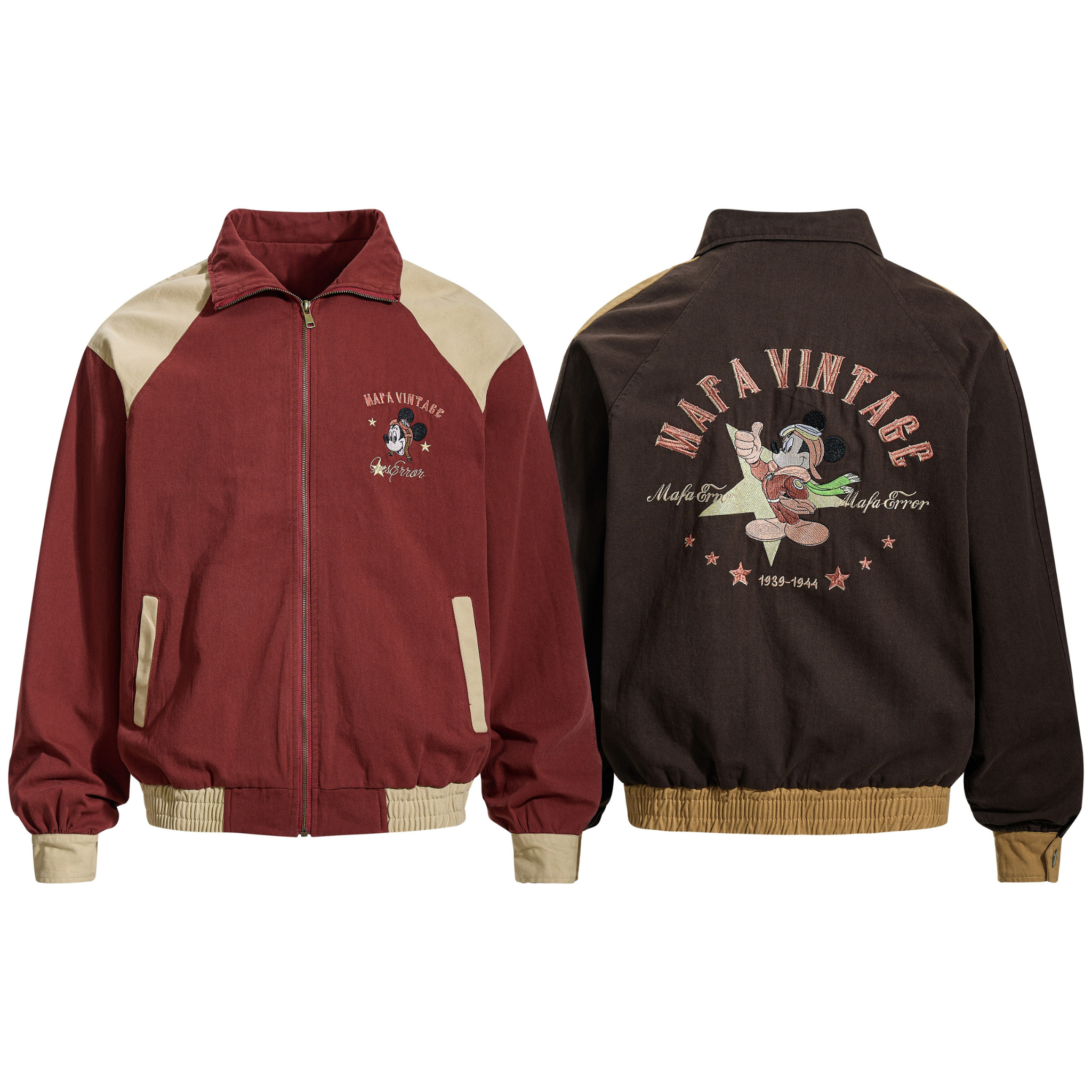 Front and back view of Mafa Vintage raglan bomber jacket in burgundy and brown with Mickey Mouse embroidery