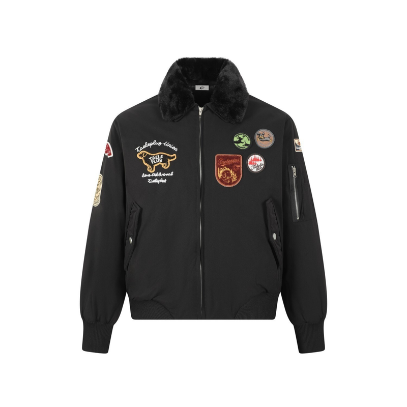 Taele Plus Aviation Patch Bomber Jacket with Fur Collar