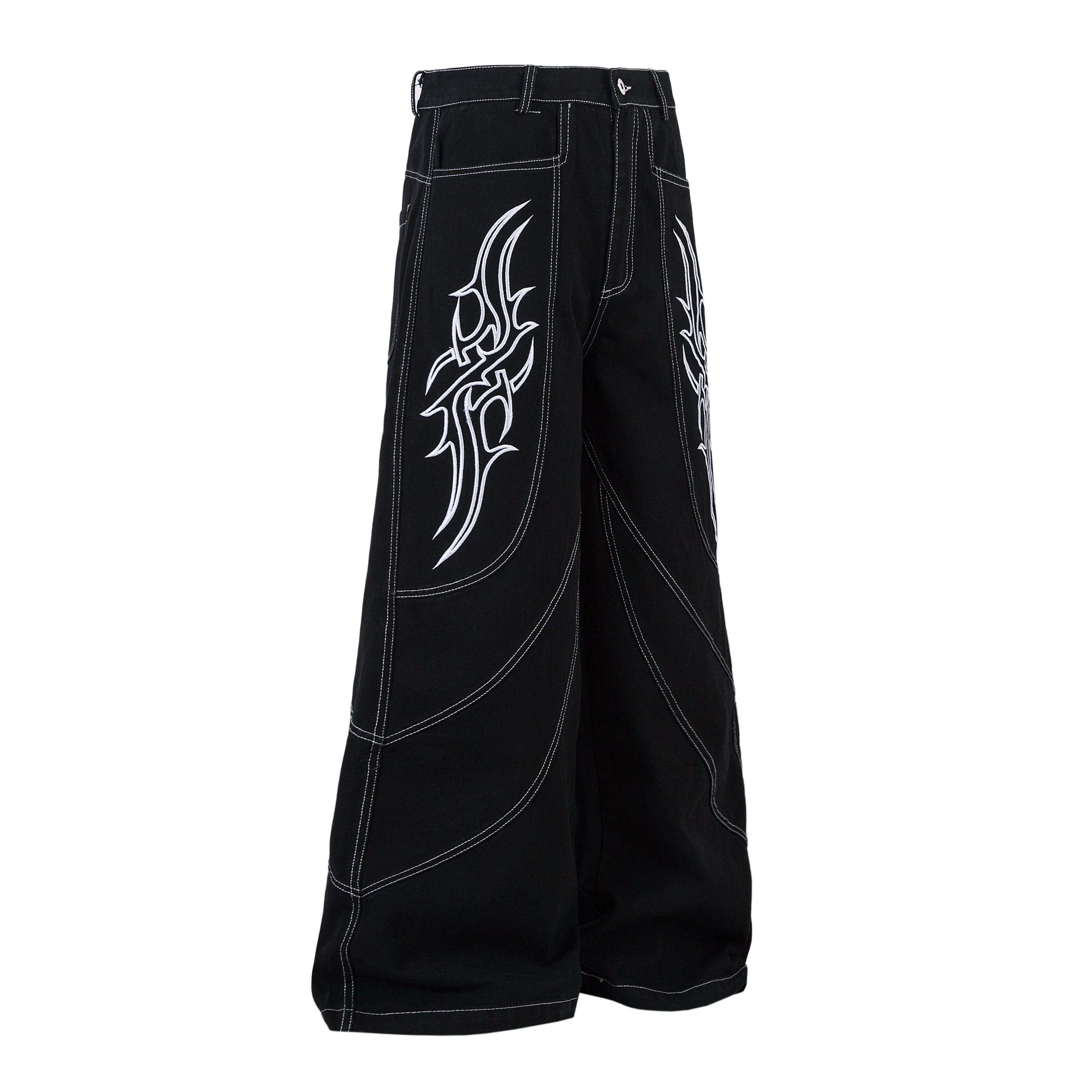 Tribal Embroidery Wide-Leg Jeans | Y2K Black Baggy Denim