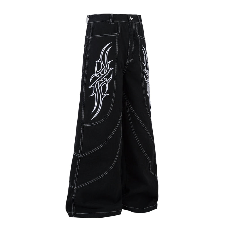 Tribal Embroidery Wide-Leg Jeans | Y2K Black Baggy Denim
