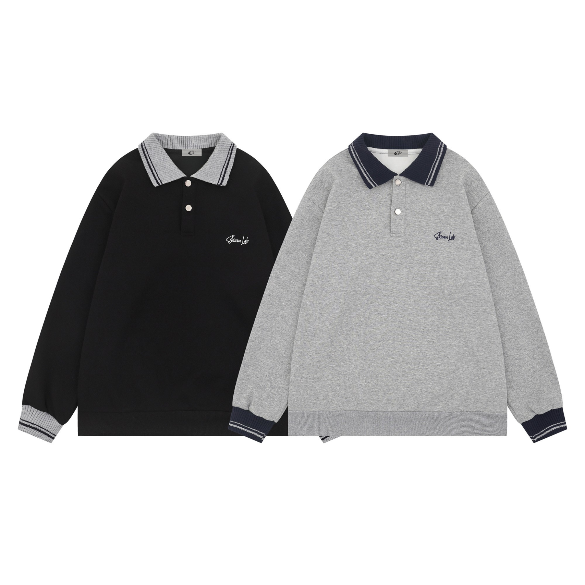 Black and grey knit-collar polo sweatshirts with contrast rib trim and embroidered chest logo, shown flat on white background