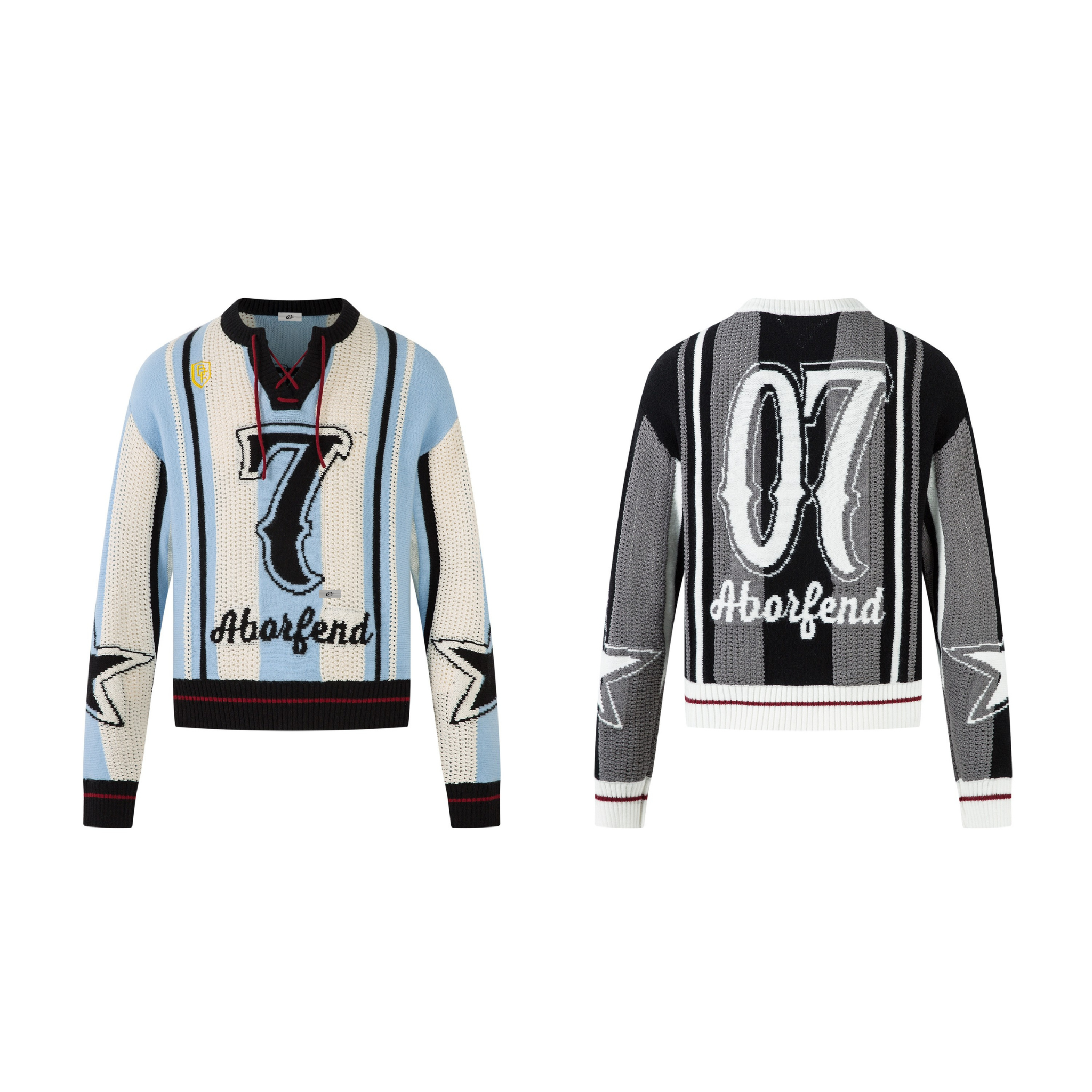 Front view of blue cream and black varsity stripe knit sweater with number 7 graphic and lace-up neckline