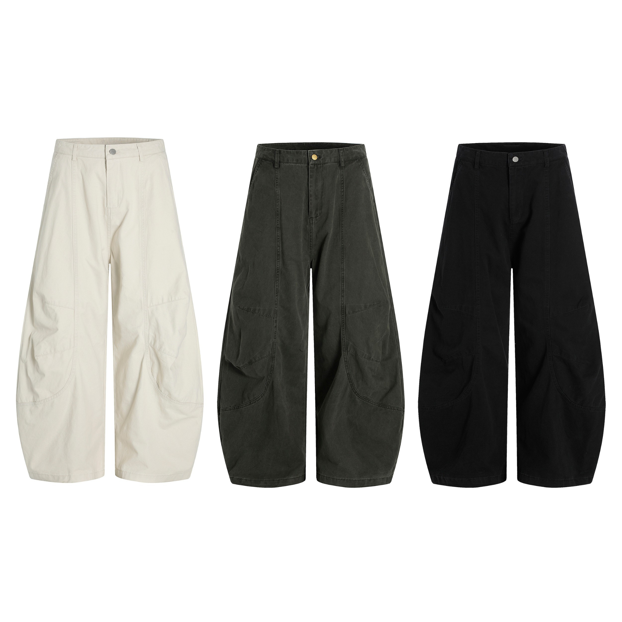 Three pairs of wide barrel-leg cargo pants displayed flat in cream, dark olive, and black colorways