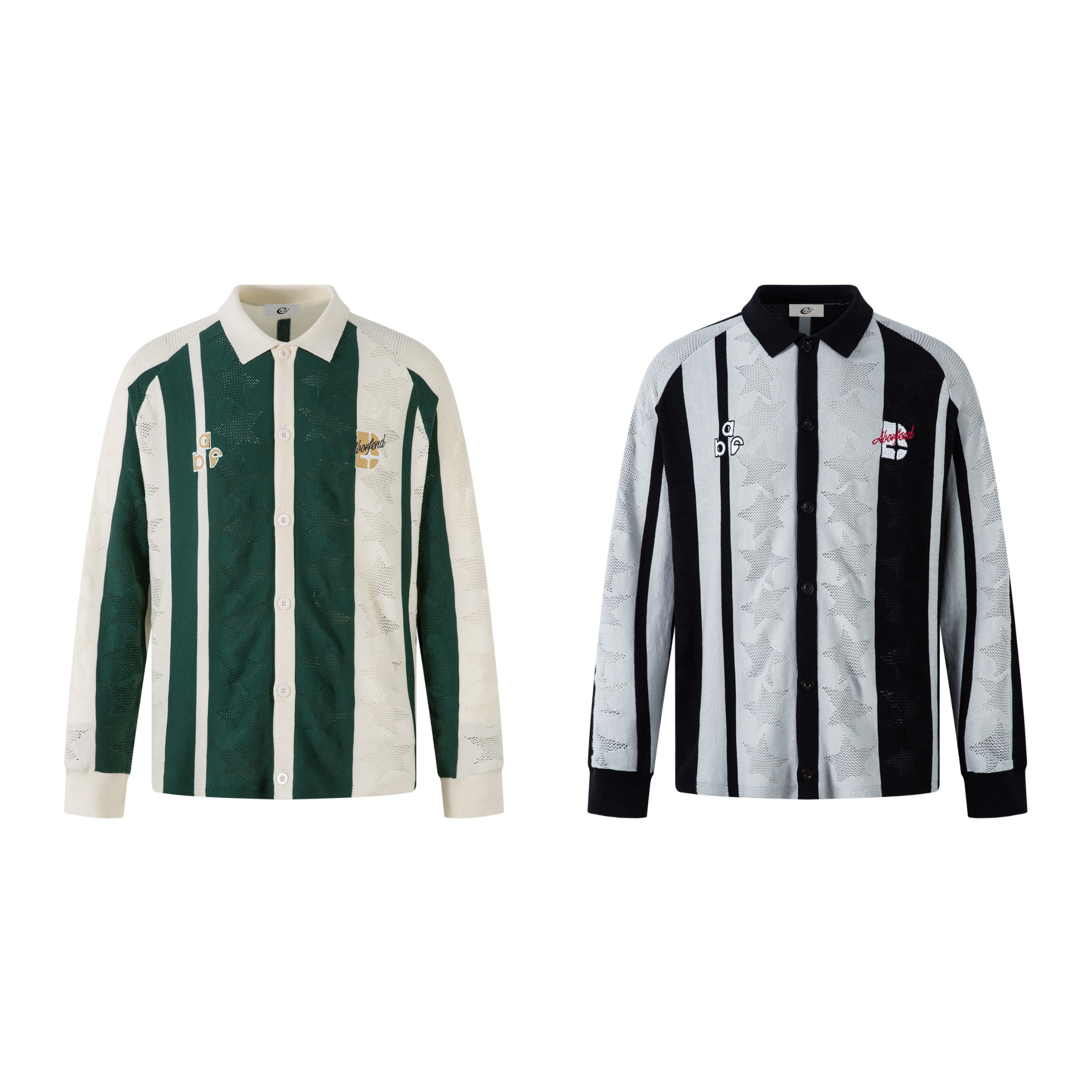 Green and cream retro striped long-sleeve knit polo shirt with star jacquard pattern and embroidered chest logos