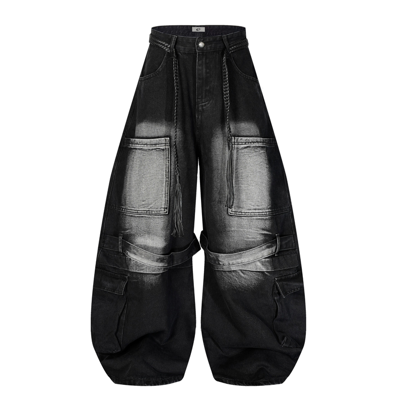 Black wide leg layered jeans with braided waist ties, front view