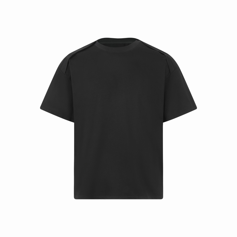 Black structured short-sleeve T-shirt with folded shoulder panels and a relaxed oversized fit on white background