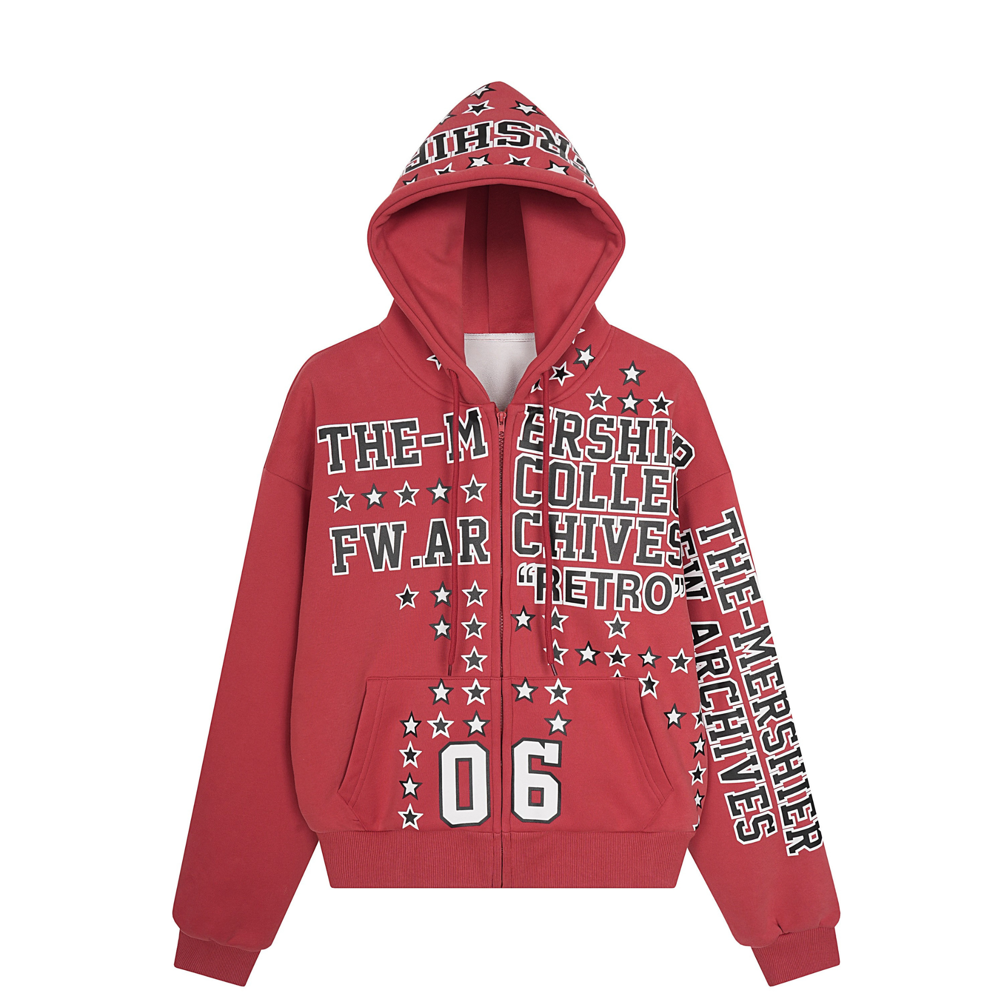 Red zip-up hoodie with oversized varsity lettering, star graphic prints on chest and sleeves, and printed hood lining