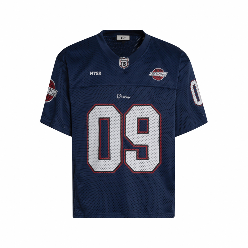 Navy short-sleeve mesh football jersey with oversized 09 graphic and streetwear patches