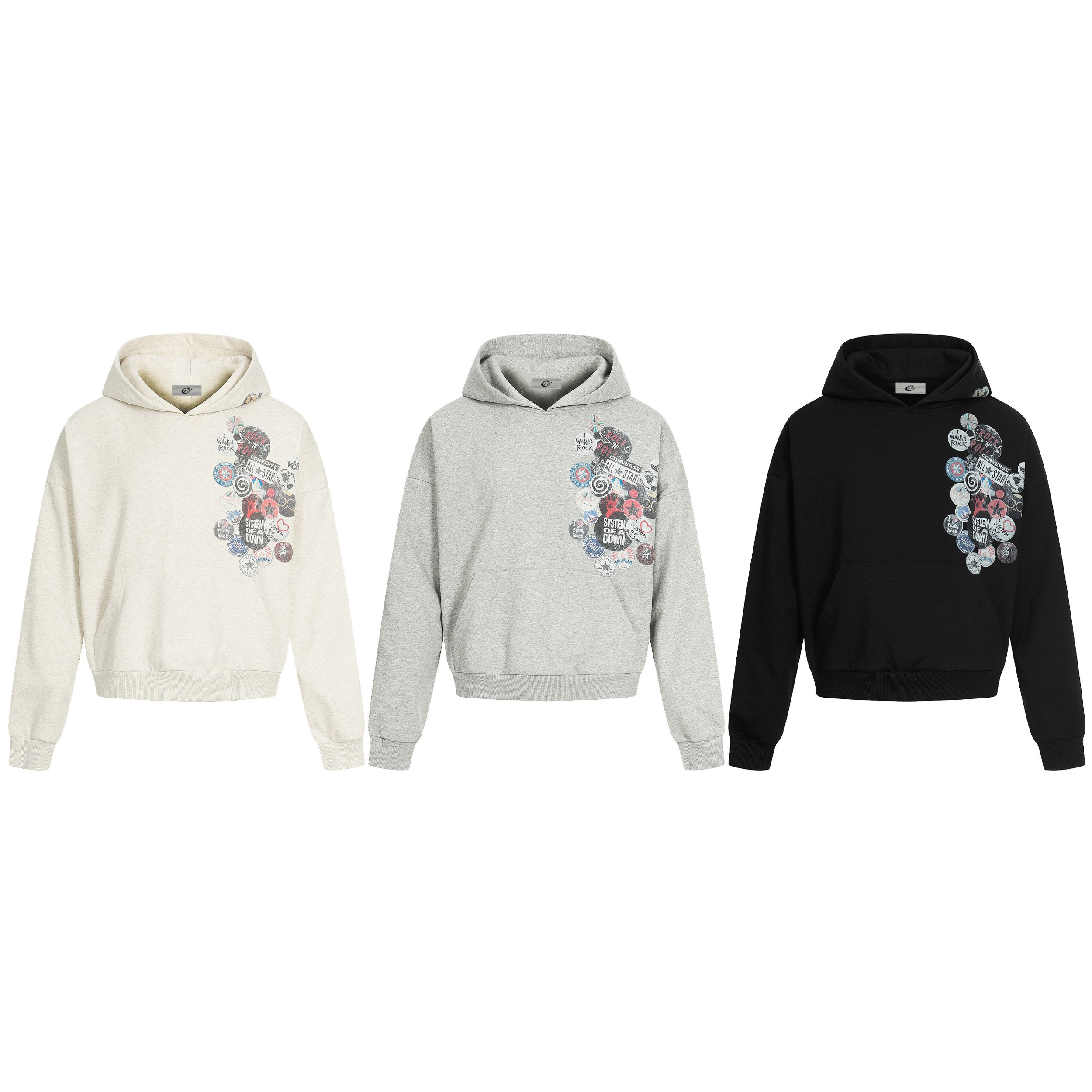 Oatmeal cropped hoodie with vintage rock badge collage chest print including Converse All Star and System of a Down graphics