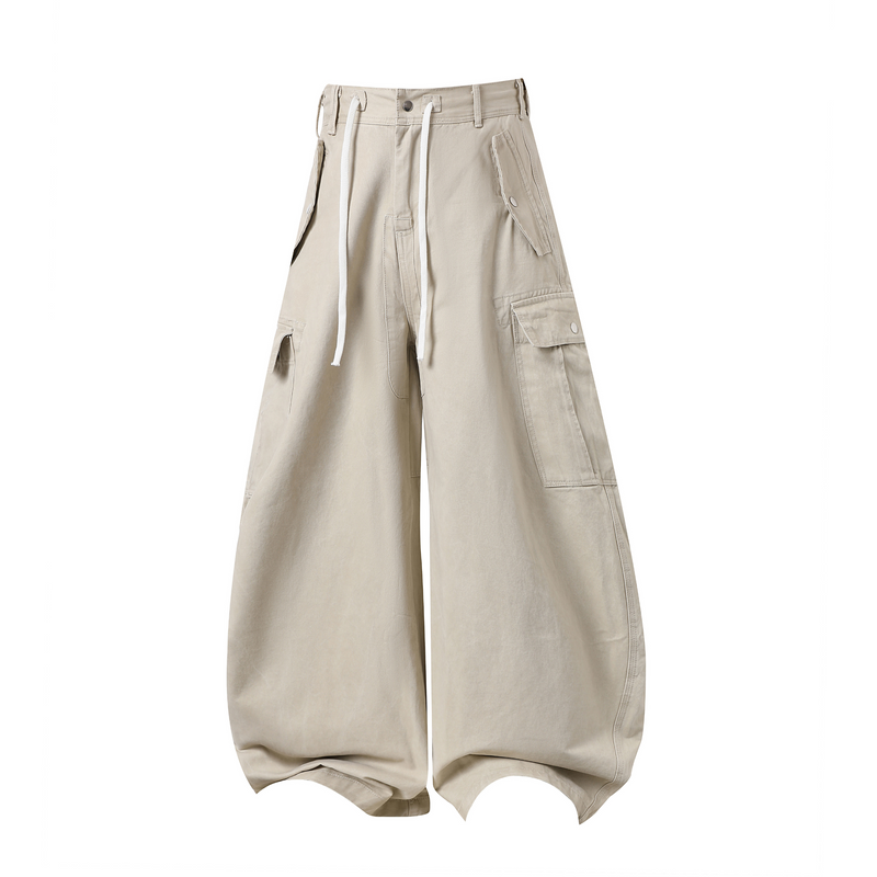Beige wide-leg cargo pants with white drawstring waist and side flap pockets, front view