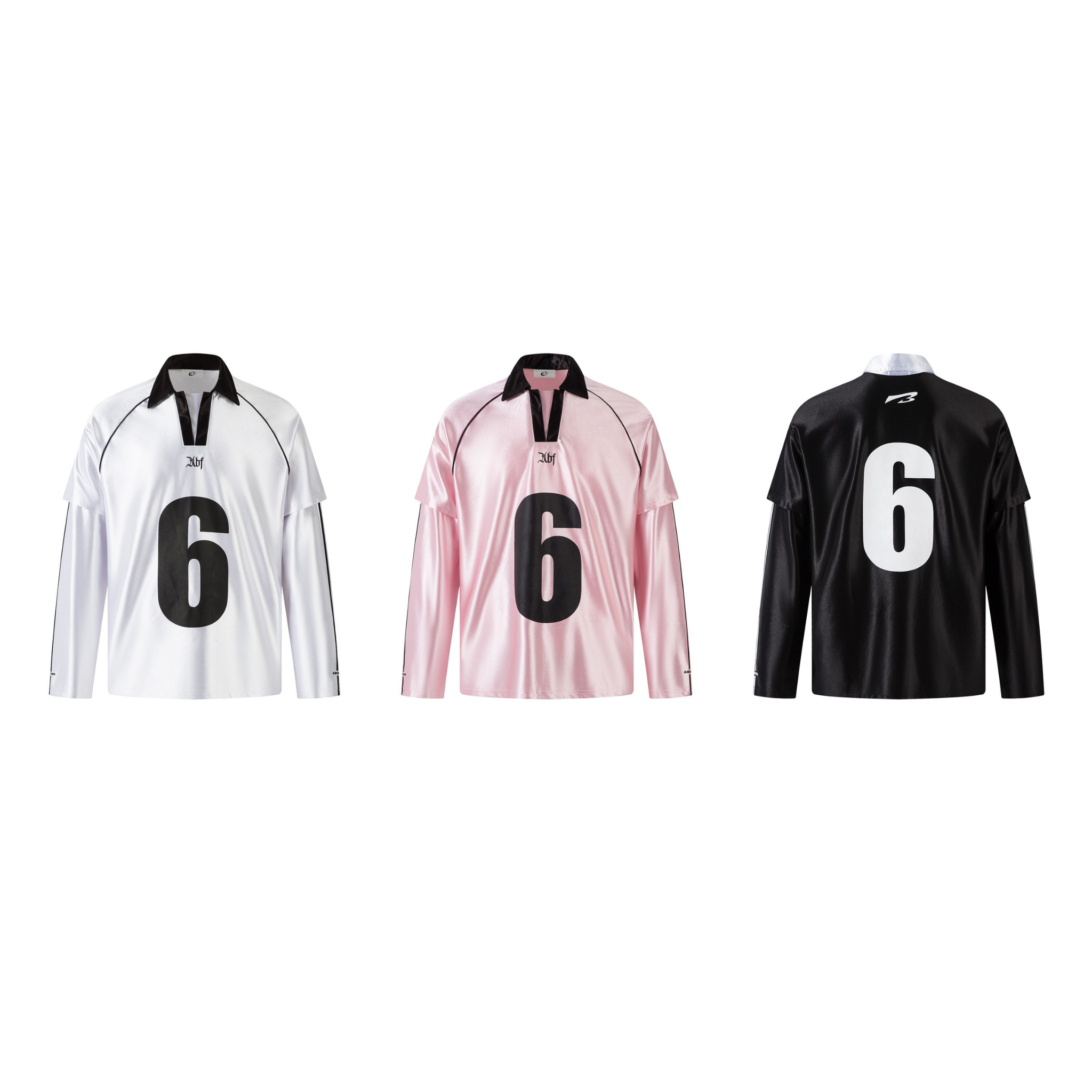 White long-sleeve retro jersey with black contrast collar, piping, and oversized number 6 graphic on the front