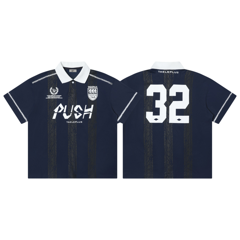 Navy retro soccer polo shirt with white collar, PUSH graphic, and large 32 number on the back