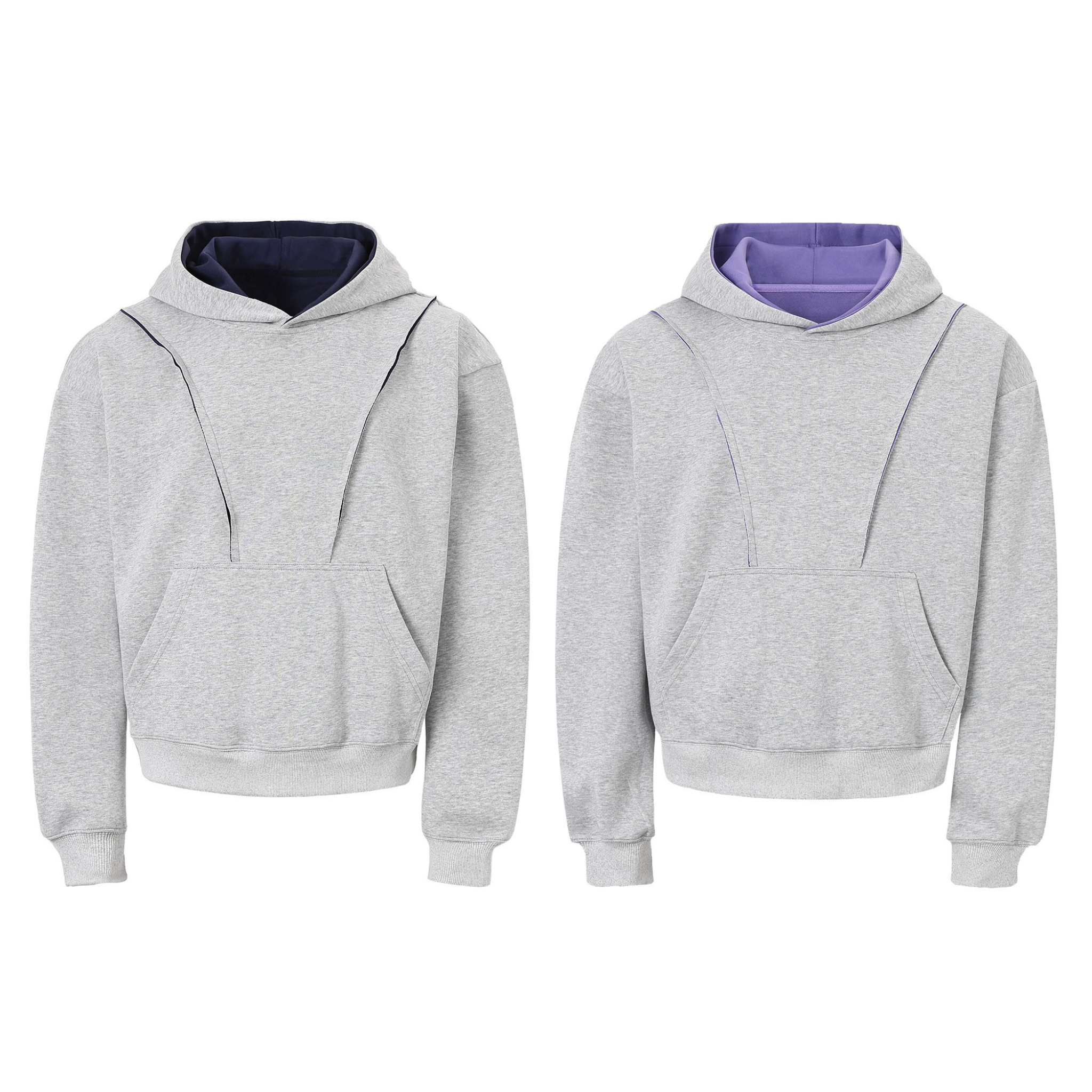 Heather grey pullover hoodie with navy and lavender contrast hood lining, curved front panel seams, and kangaroo pocket, show