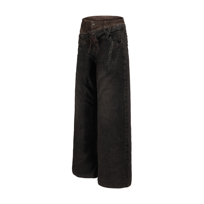 Angled front view of dark brown wide-leg jeans with lace-up waist and side cargo-style pockets