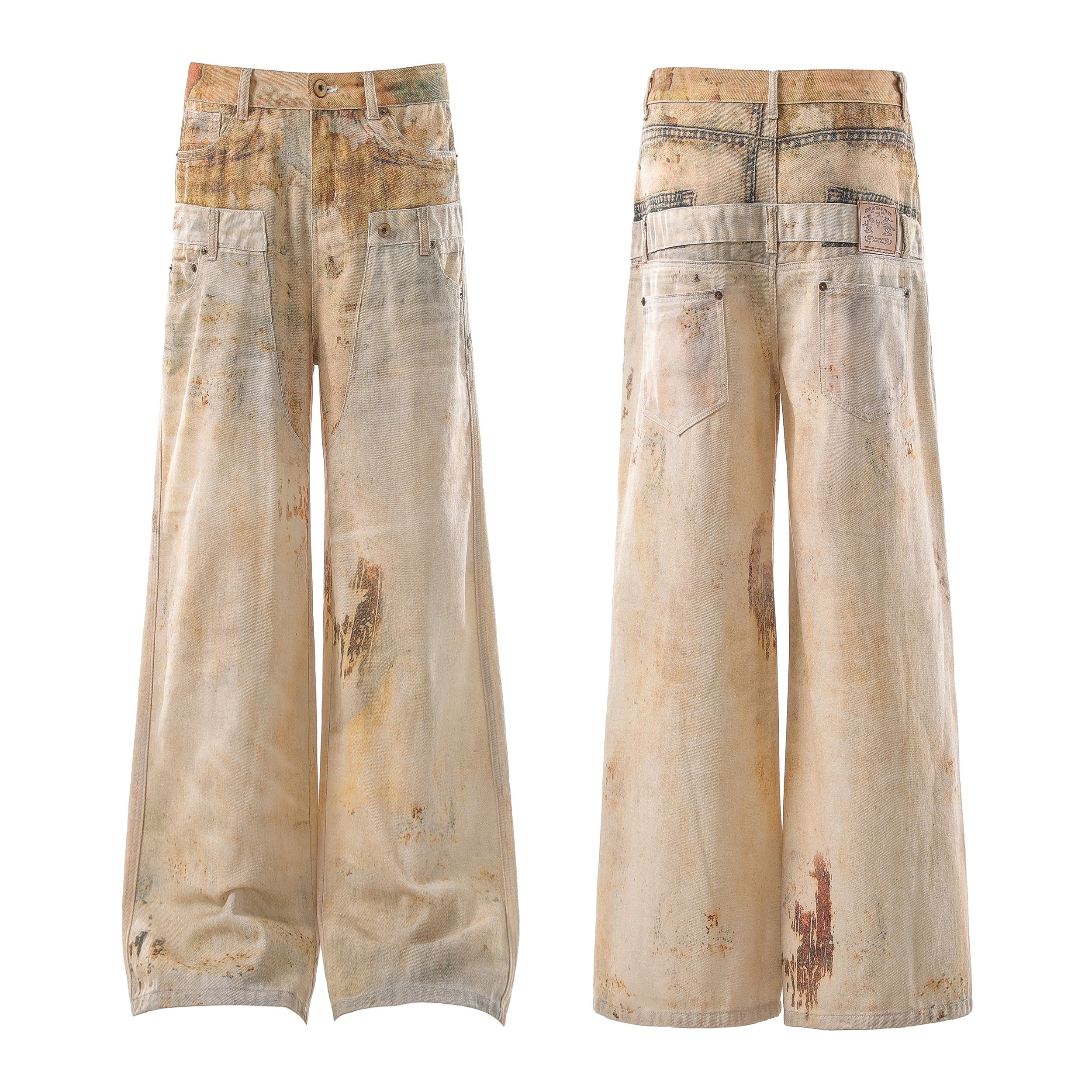 Front and back view of wide-leg vintage washed workwear jeans with distressed earthy patina and contrast stitching