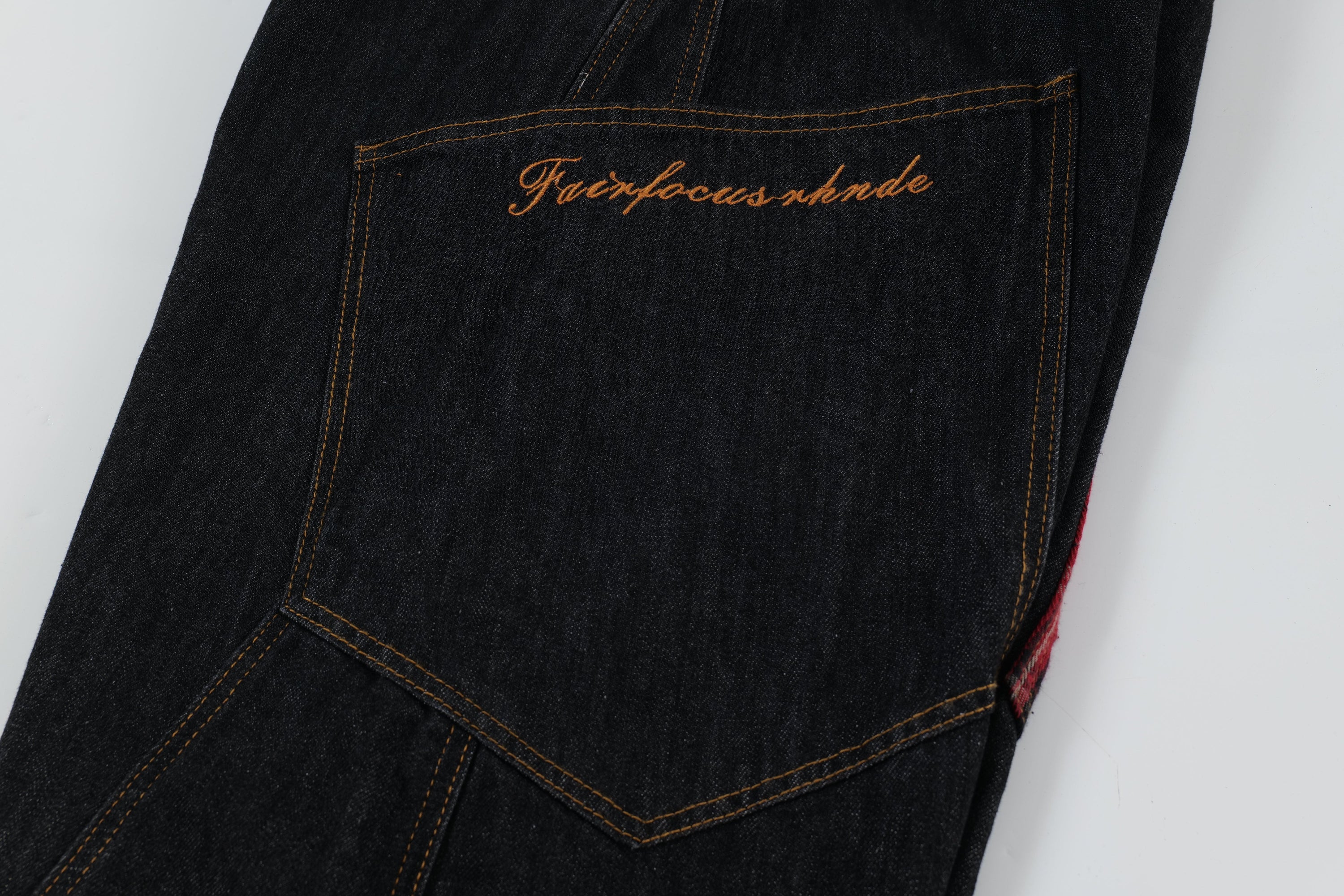 Red Plaid Patch Curved Wide-Leg Denim Jeans | Dark Indigo