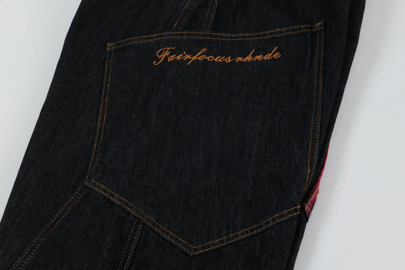 Red Plaid Patch Curved Wide-Leg Denim Jeans | Dark Indigo