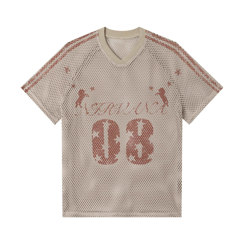 Beige mesh football jersey tee with red vintage graphics and V-neck oversized streetwear fit
