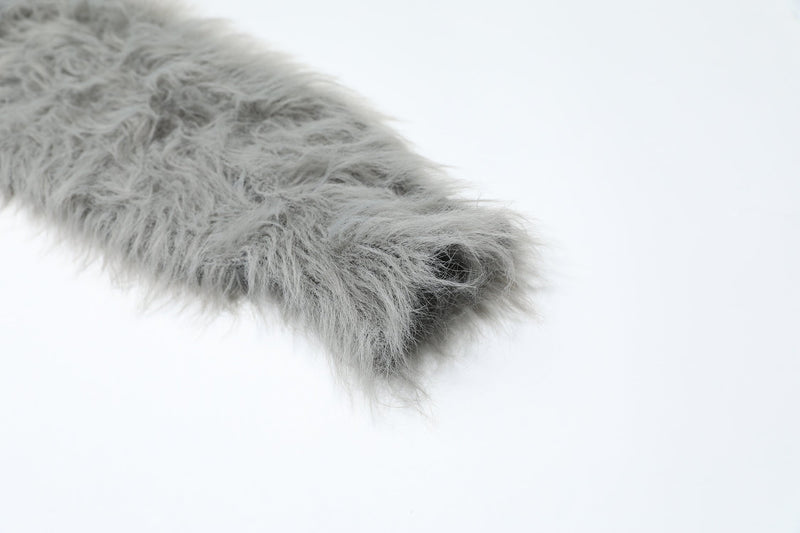 Close-up of gray fuzzy knit sleeve cuff
