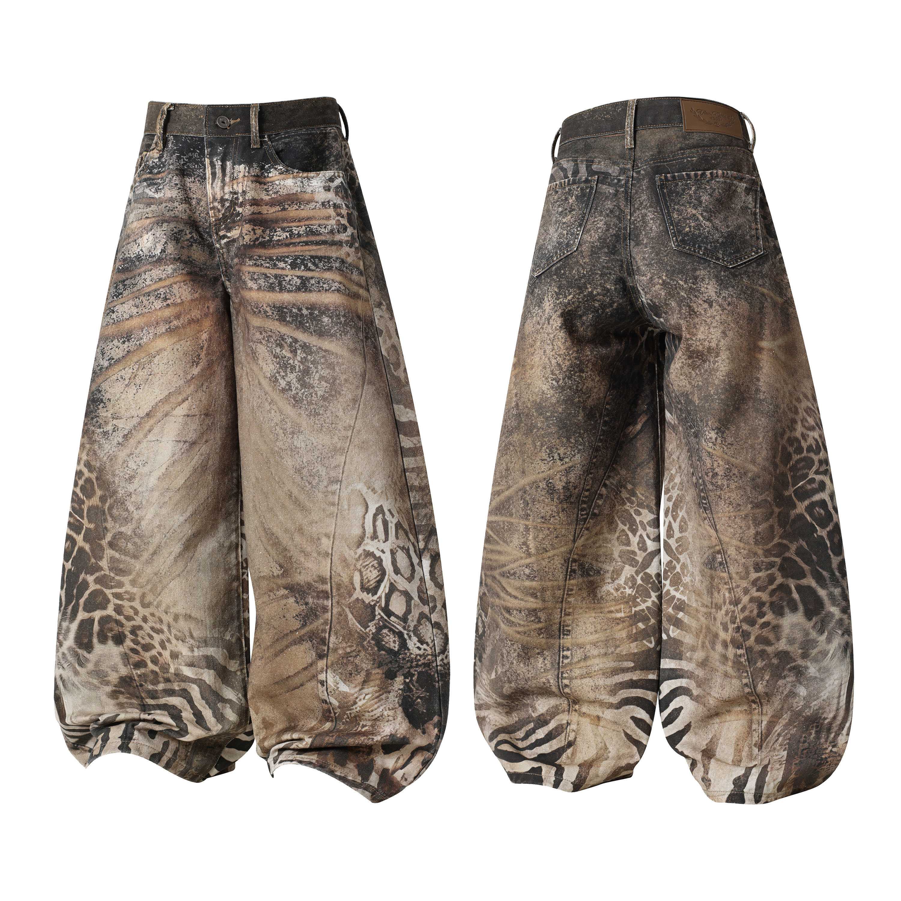 Omirad Savage Pattern Balloon Jeans front and back view showing all-over hybrid animal print on oversized wide leg denim