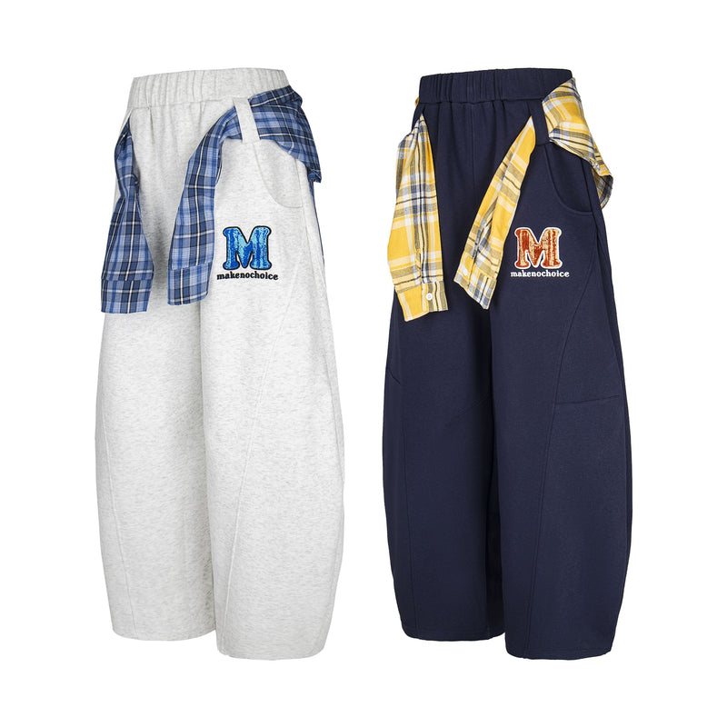 Plaid-Tied Wide-Leg Sweatpants with Chenille Patch | Makenochoice