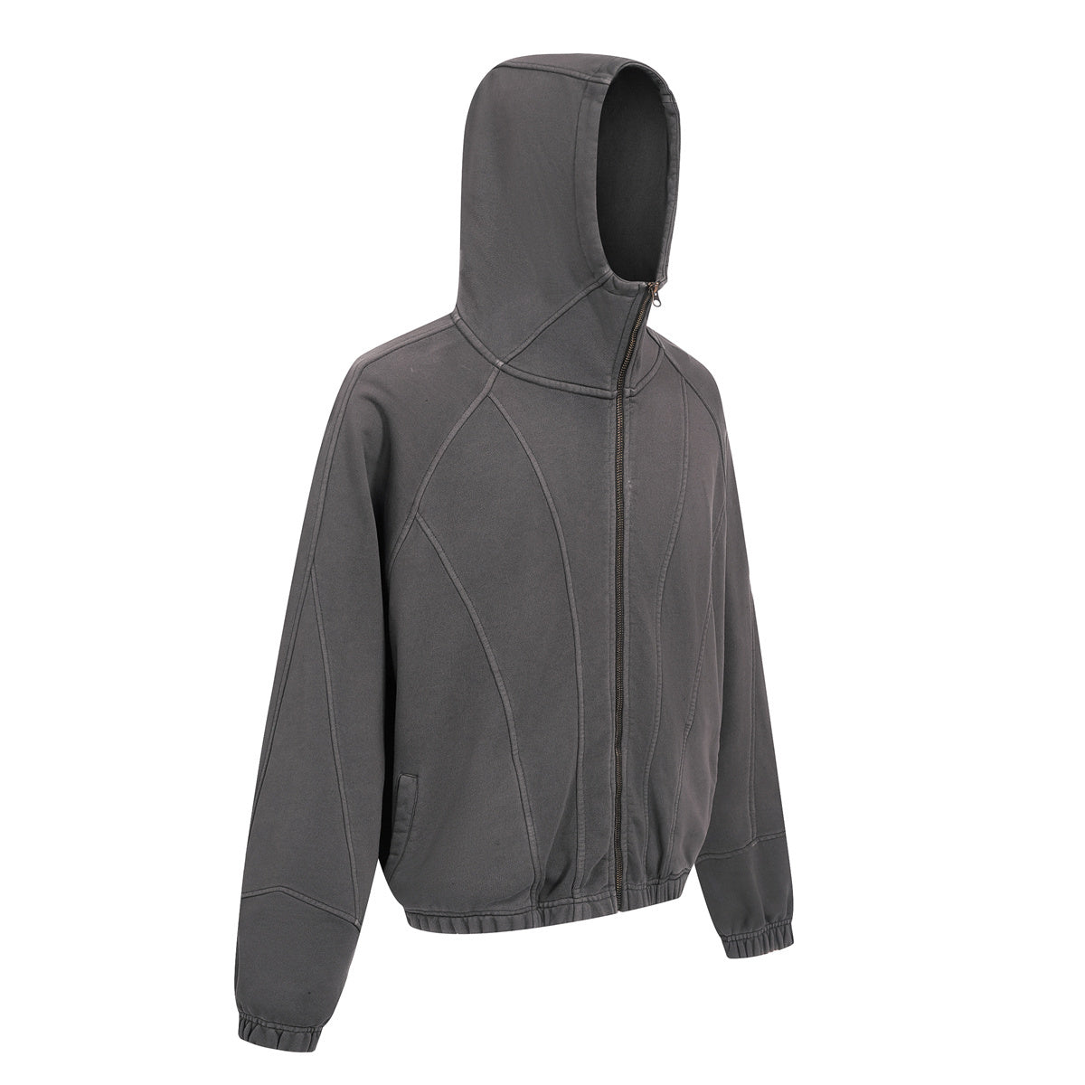 Curved-Seam Full-Zip Hoodie | Washed Cotton Streetwear