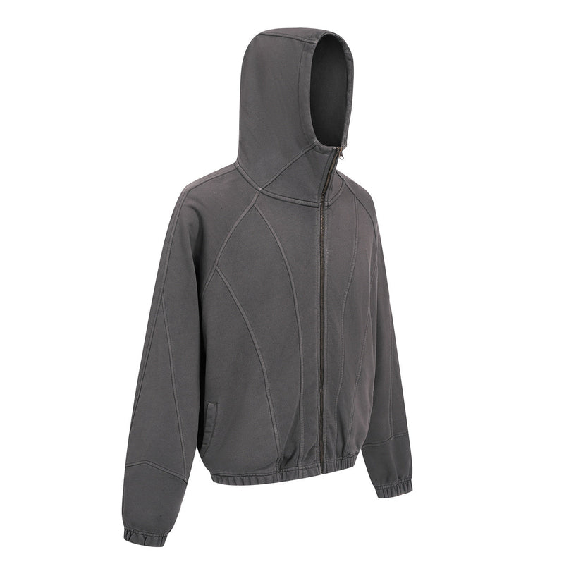 Charcoal gray hoodie shown in three-quarter side view with curved seam detailing and zip front