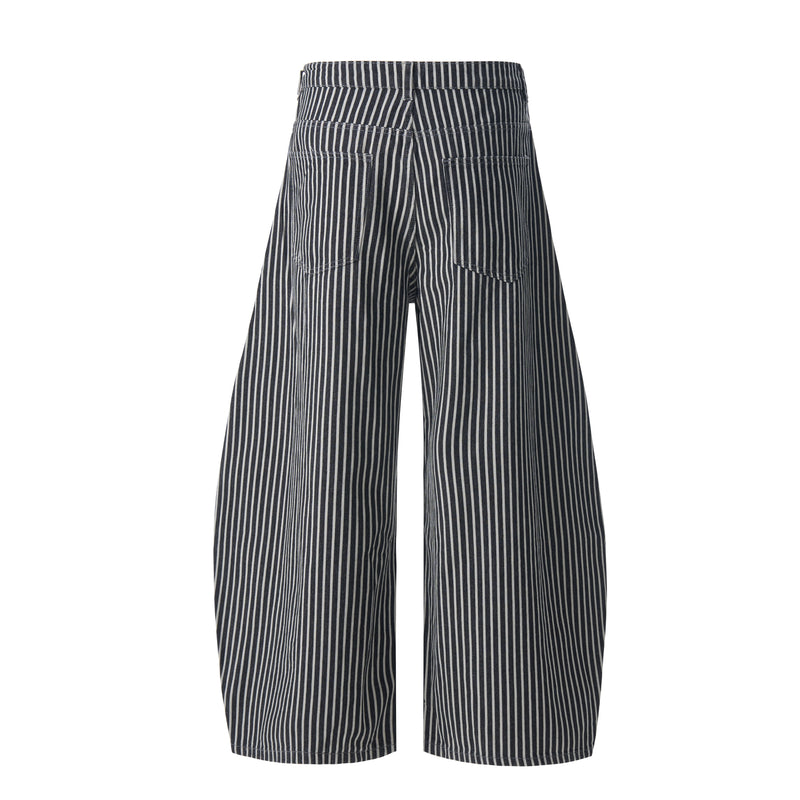 Black and white striped wide barrel jeans back view with patch pockets and high waist