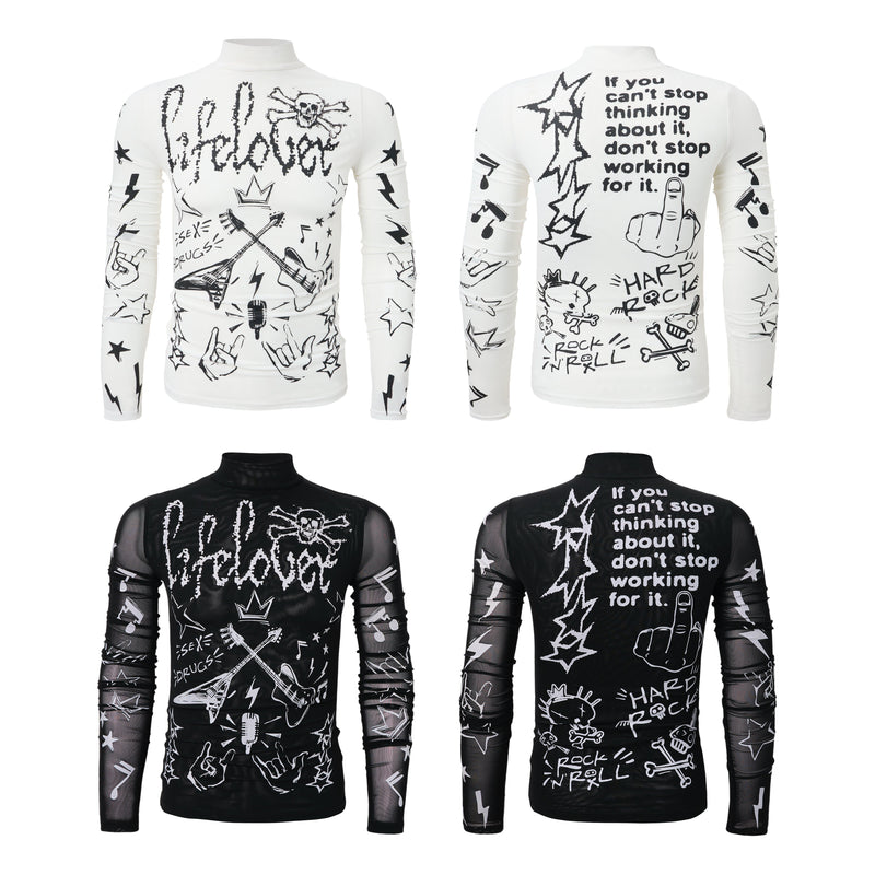 White and black rock graphic turtleneck tops shown front and back
