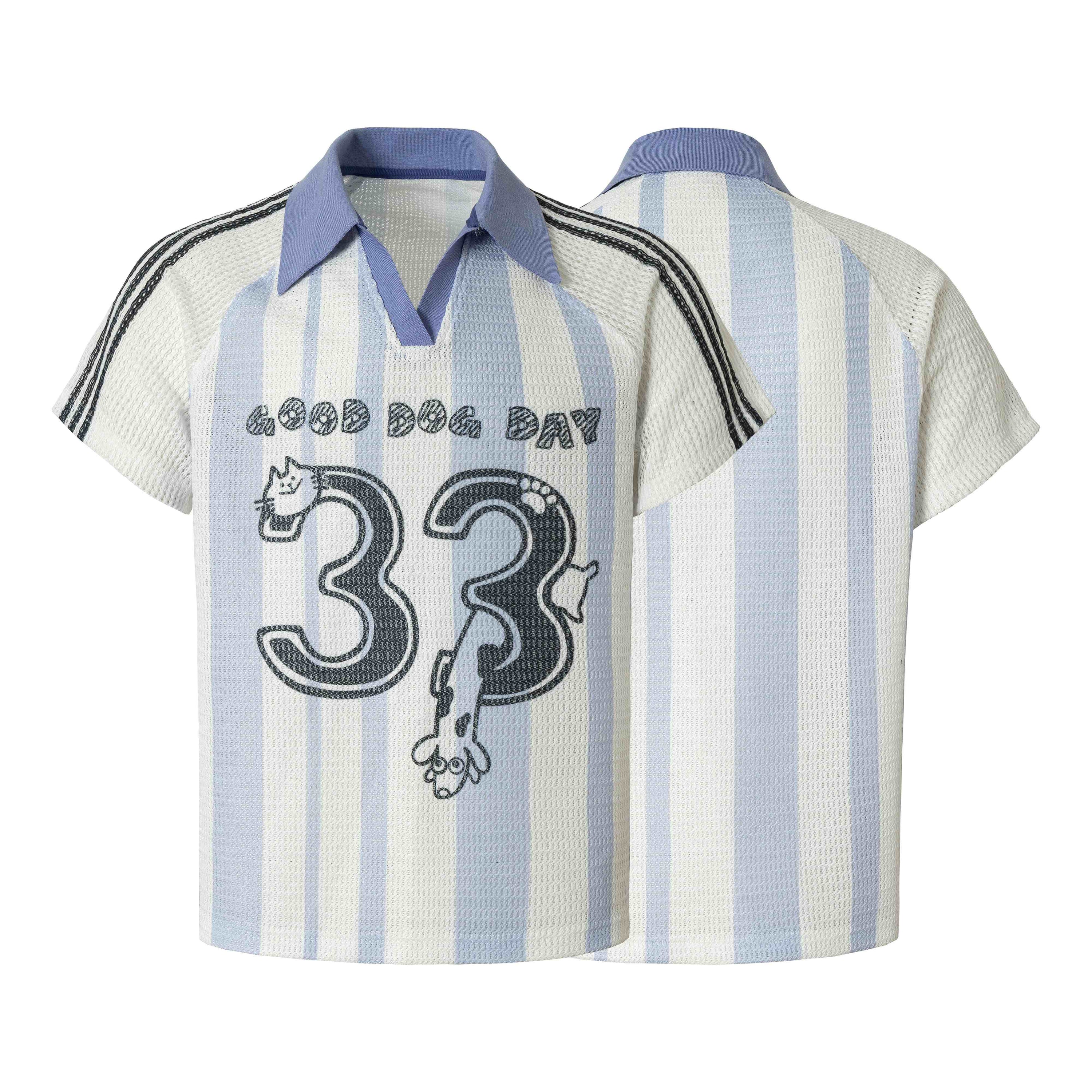 Omirad Good Dog Rugby Knit Tee in blue and white vertical stripes with number 33 dog graphic and contrast polo collar, front