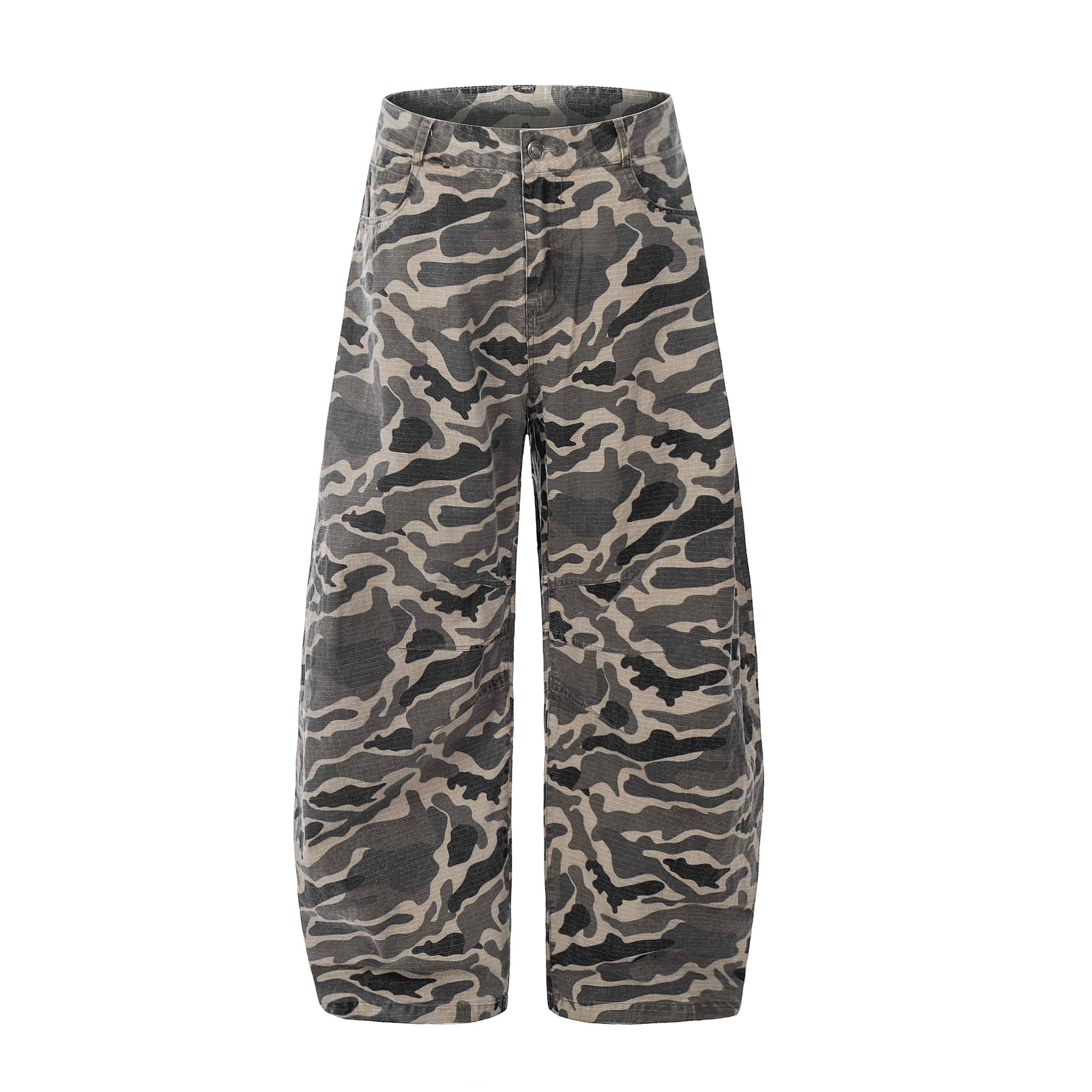 Grey Camo Barrel Pants | Wide-Leg Ripstop Cotton Trousers