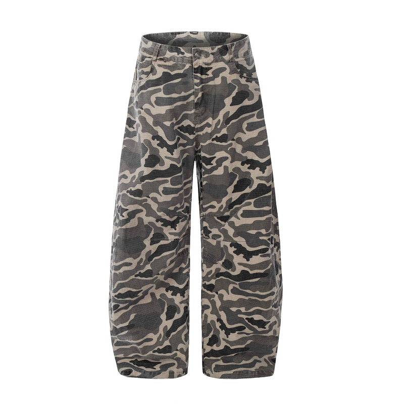 Grey Camo Barrel Pants | Wide-Leg Ripstop Cotton Trousers