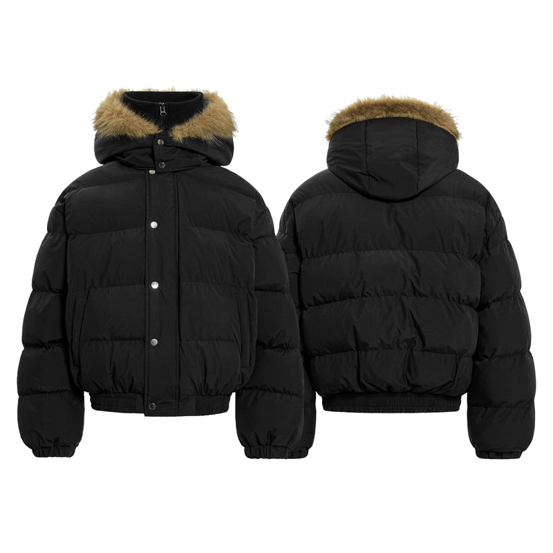 Omirad Fur-Trim Puffer Jacket | Black Hooded Bomber